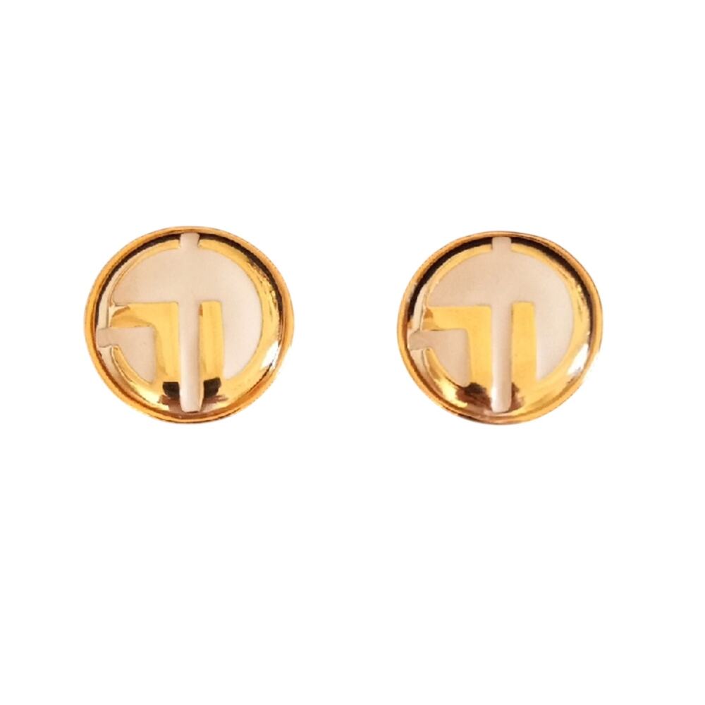 ST JOHN Vintage Gold-tone SJ Logo and Cream Enamel Round Earrings